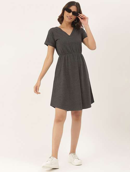 women solid short sleeves fit & flare dress - 21741781 - Standard Image - 0