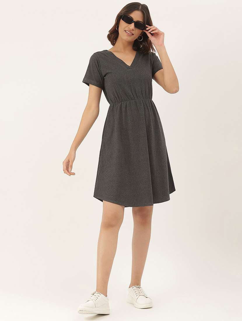 women solid short sleeves fit & flare dress - 21741781 - Zoom Image - 0