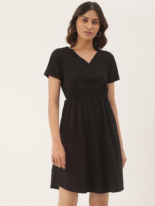 women solid short sleeves fit & flare dress - 21741782 - Standard Image - 0