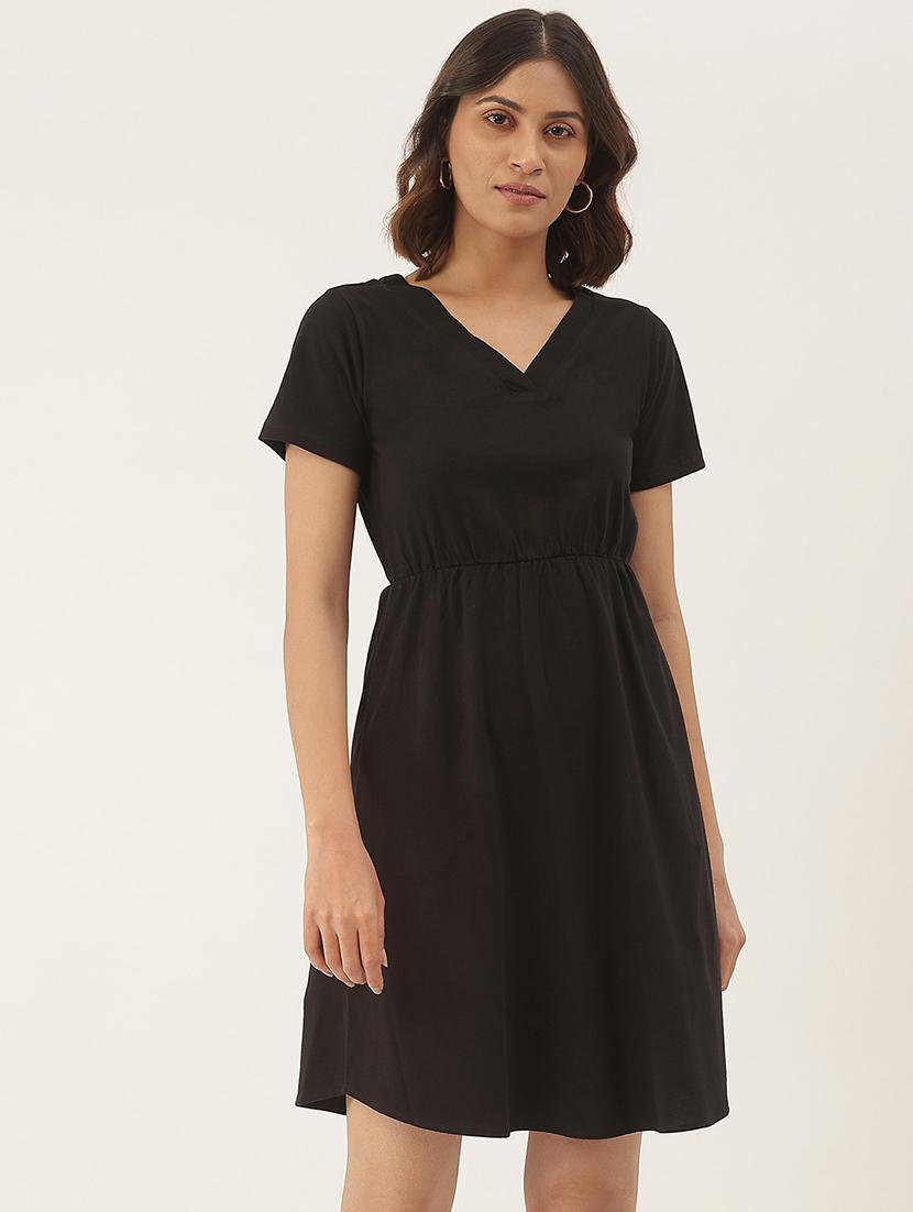 women solid short sleeves fit & flare dress - 21741782 - Zoom Image - 0
