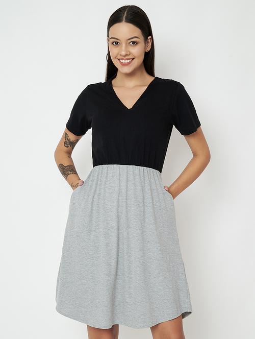 women color blocked short sleeves fit & flare dress - 21741783 -  Standard Image - 0