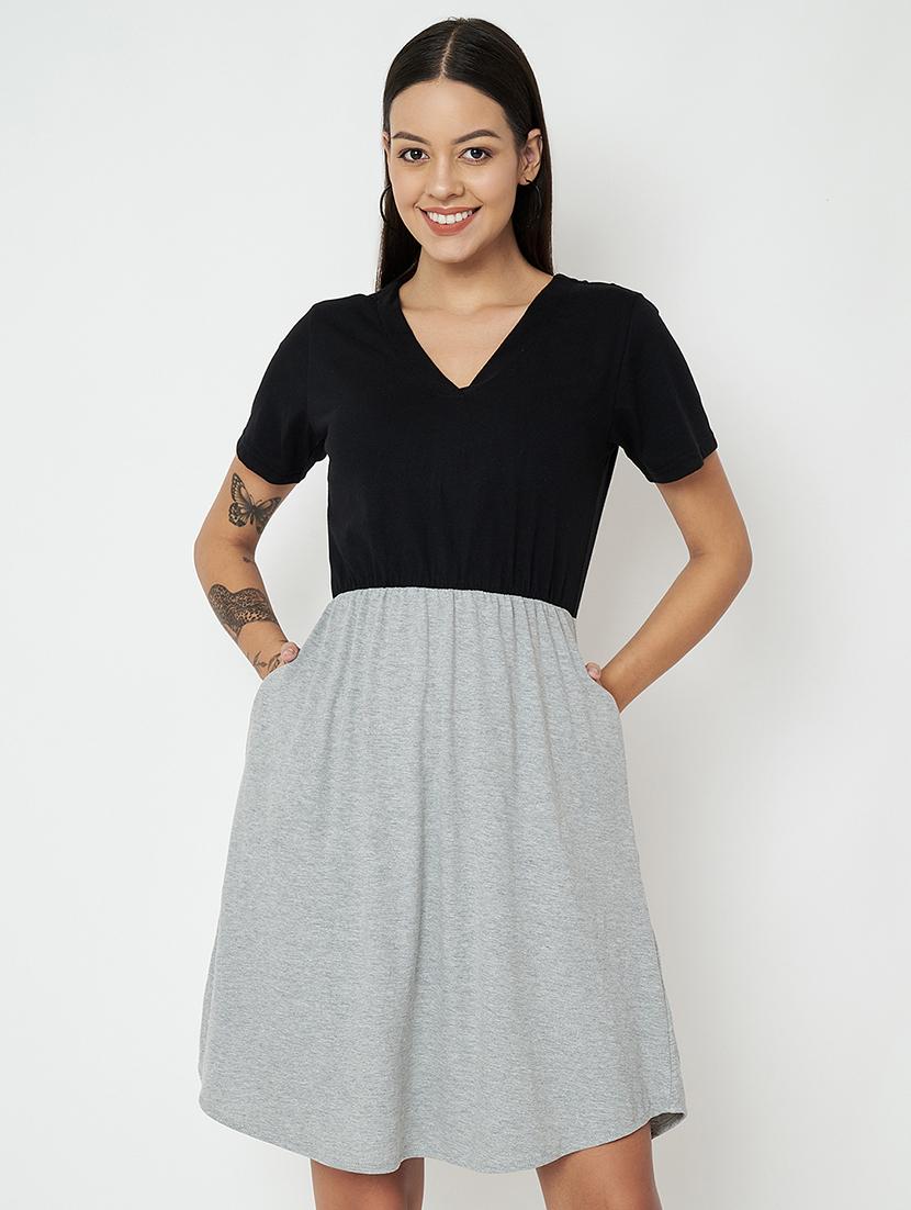 women color blocked short sleeves fit & flare dress - 21741783 -  Zoom Image - 0