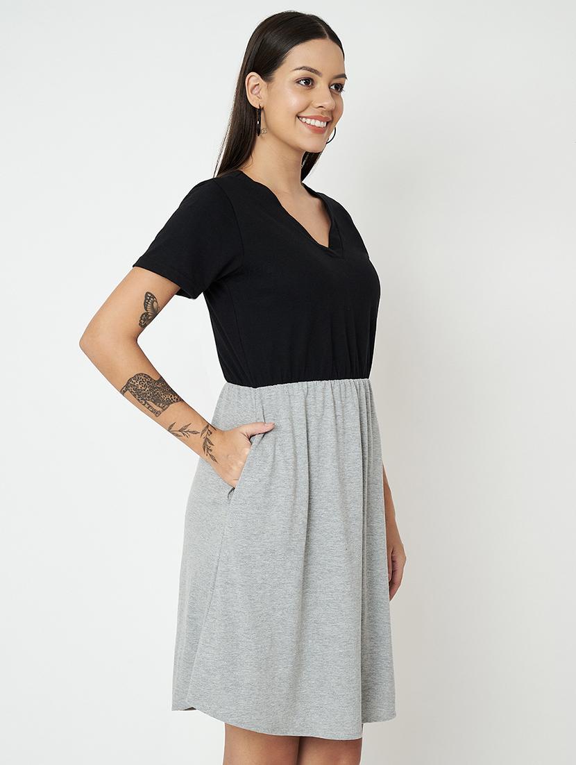 women color blocked short sleeves fit & flare dress - 21741783 - Standard Image - 2