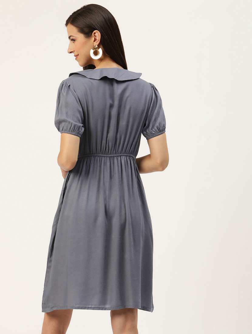 women solid puff sleeves a-line dress - 21741804 -  Standard Image - 2