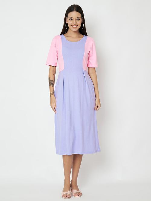 women color blocked round neck a-line dress - 21741814 - Standard Image - 0