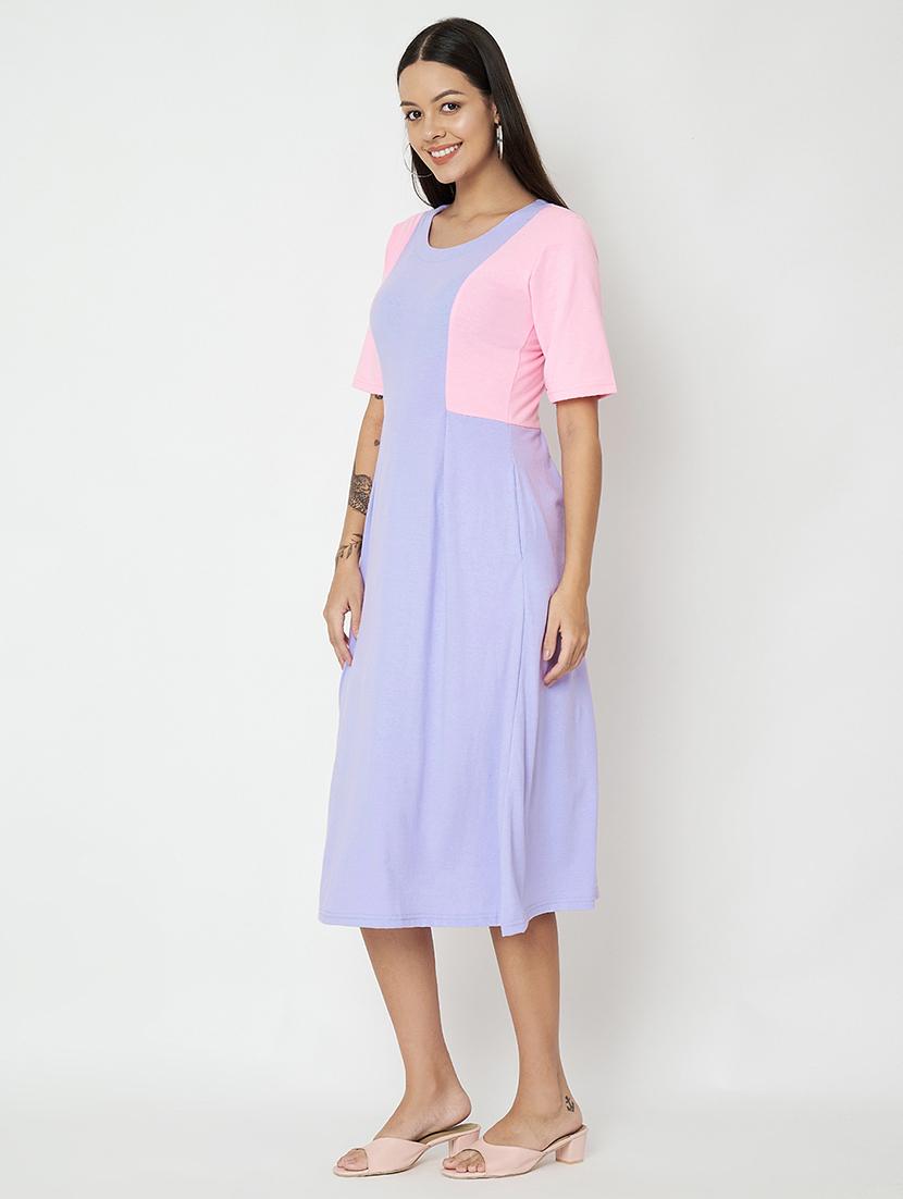 women color blocked round neck a-line dress - 21741814 - Standard Image - 2