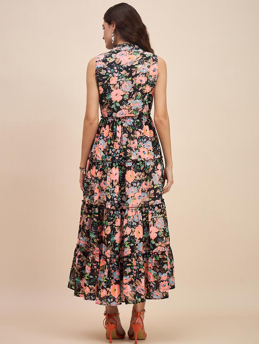 women printed tie up neck tiered dress - 21741824 - Standard Image - 2