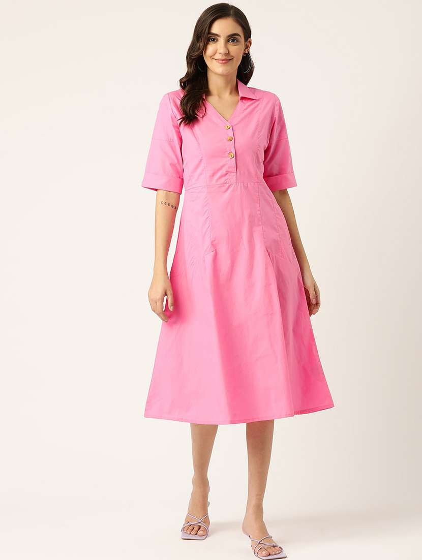 women solid eblow sleeves collared a-line dress - 21741834 -  Zoom Image - 0