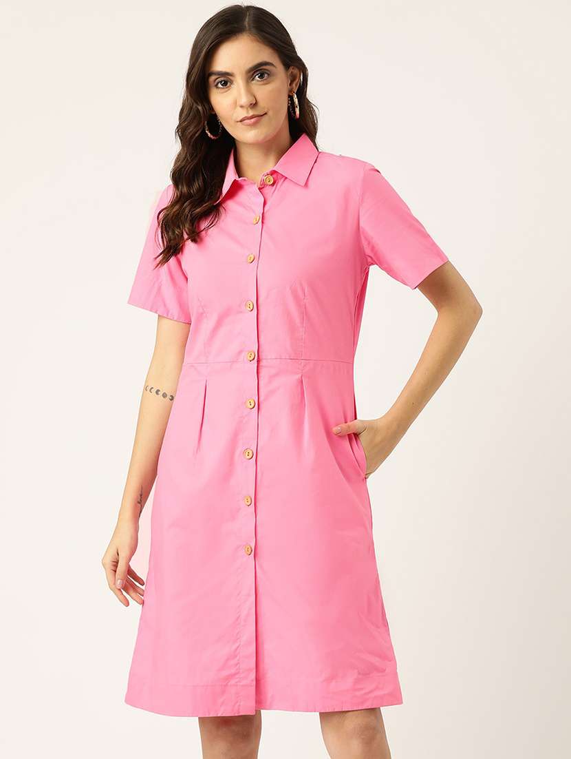 women solid collared short sleeves shirt dress