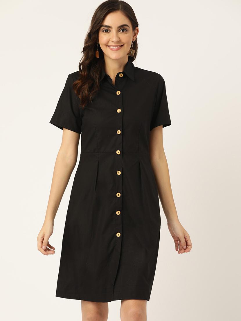 women solid collared short sleeves shirt dress - 21741847 - Zoom Image - 0