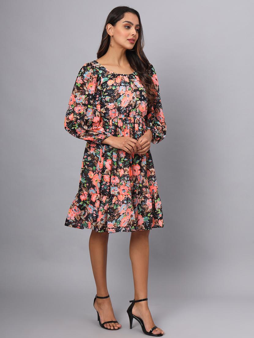 women floral print puff sleeves tired dress - 21741851 - Standard Image - 2