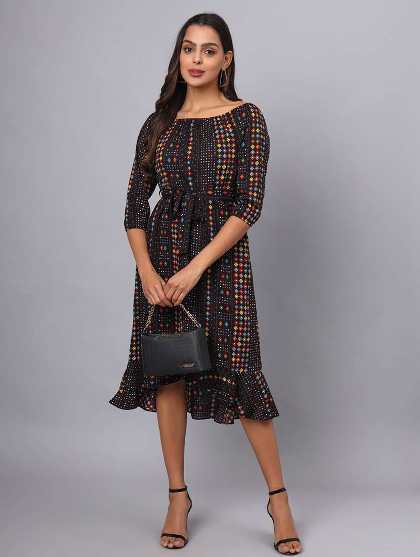 women printed boat neck asymmetric dress