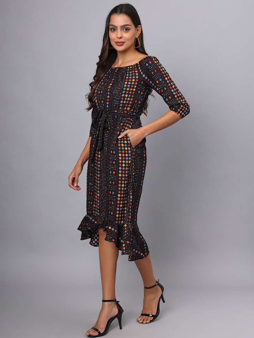 women printed boat neck asymmetric dress - 21741856 -  Standard Image - 2