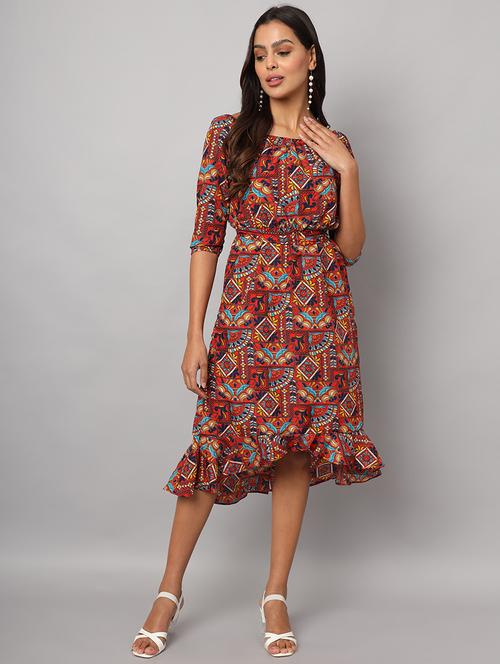 women printed boat neck asymmetric dress - 21741860 -  Standard Image - 0