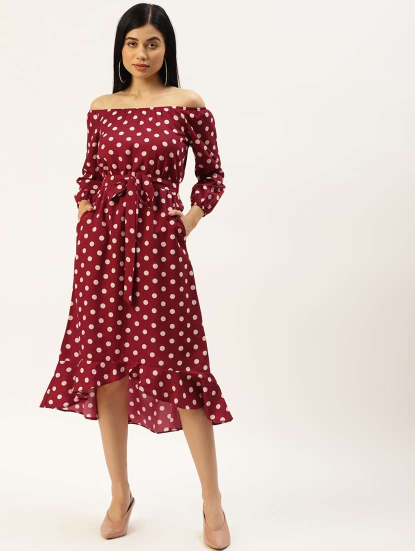 women polka doted off shoulder high low dress - 21741869 - Zoom Image - 0
