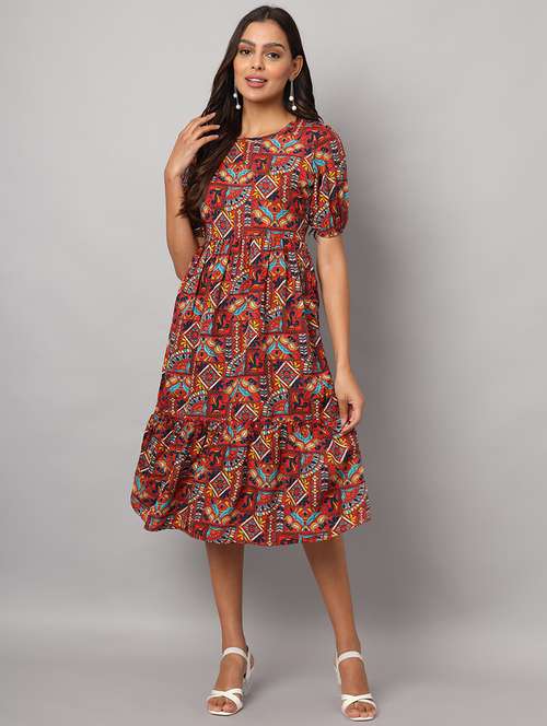 women solid round neck tiered dress - 21741871 - Standard Image - 0
