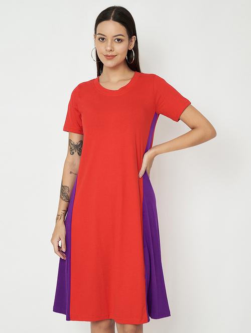 women color blocked round neck a-line dress - 21741876 - Standard Image - 0