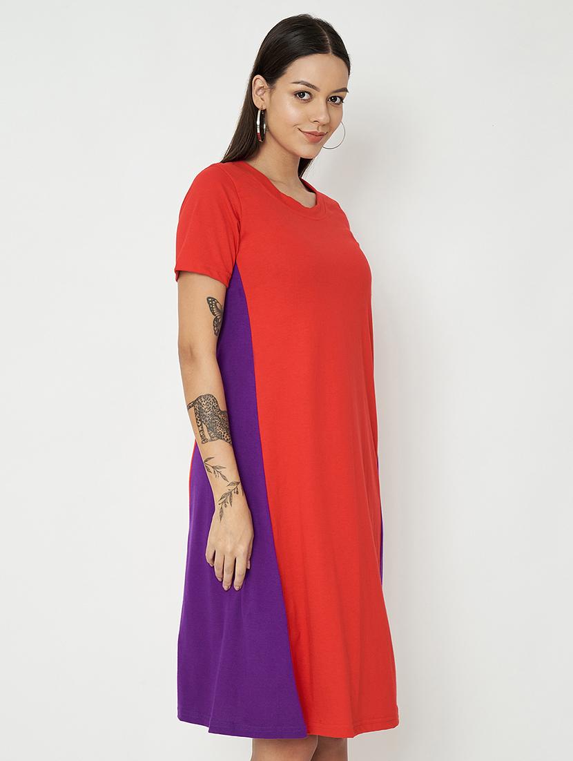 women color blocked round neck a-line dress - 21741876 - Standard Image - 2