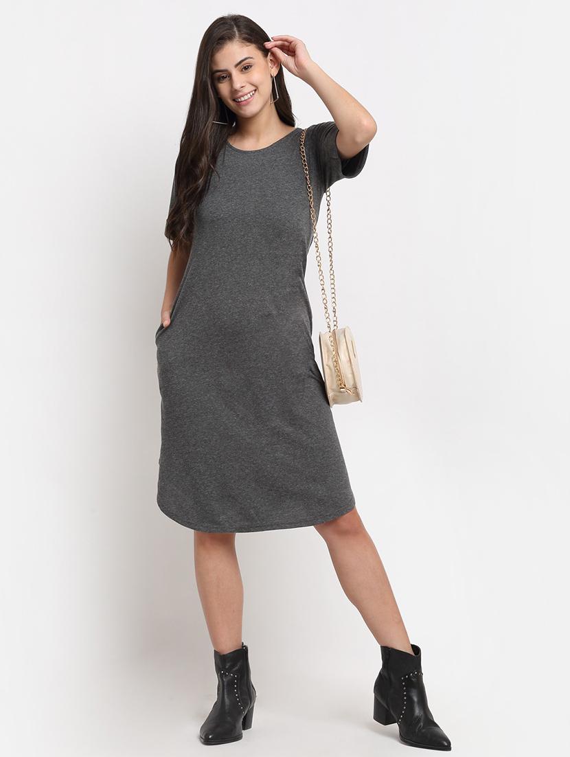 women solid round neck a-line dress - 21741898 - Standard Image - 2