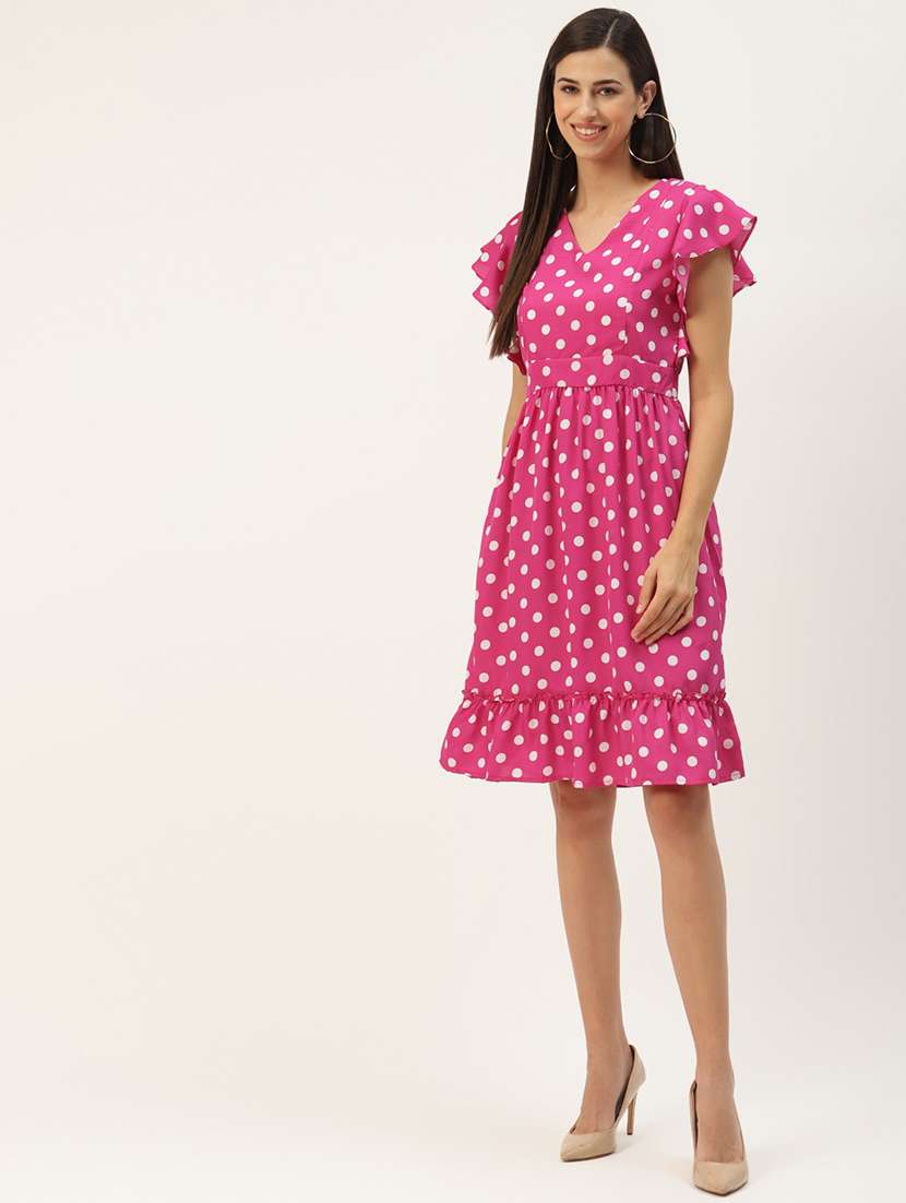 women polka doted ruffled sleeves a-line dress