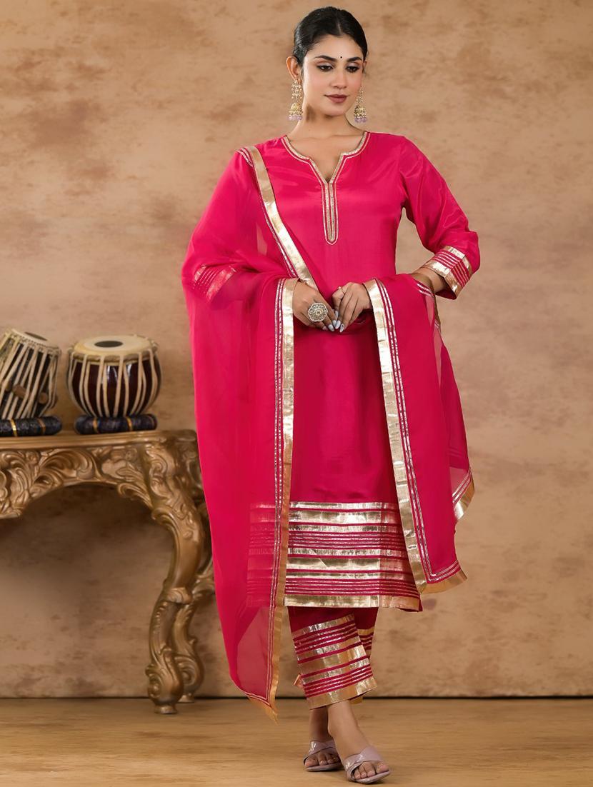 women pink gota work kurt pant set with dupatta - 21742061 - Zoom Image - 0
