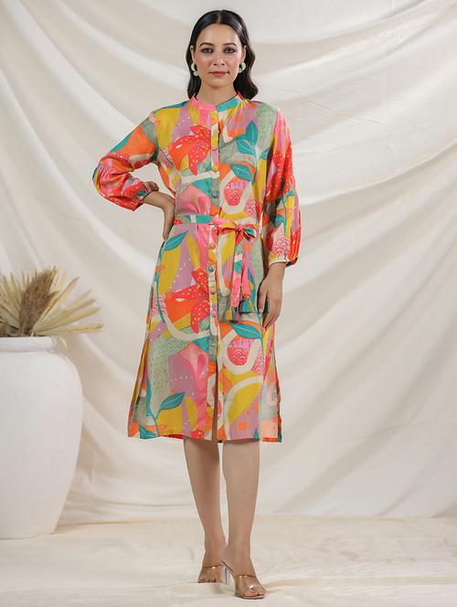 women puff sleeves printed a-line dress - 21742125 - Standard Image - 0