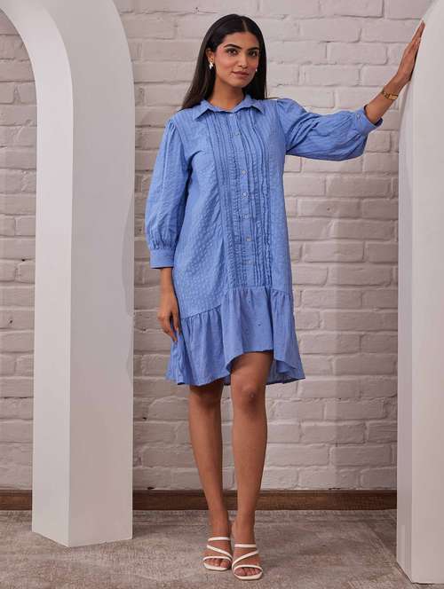 women solid shirt collar neck tiered dress - 21742129 - Standard Image - 0