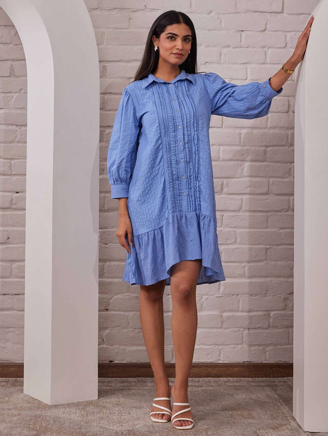 women solid shirt collar neck tiered dress - 21742129 - Zoom Image - 0
