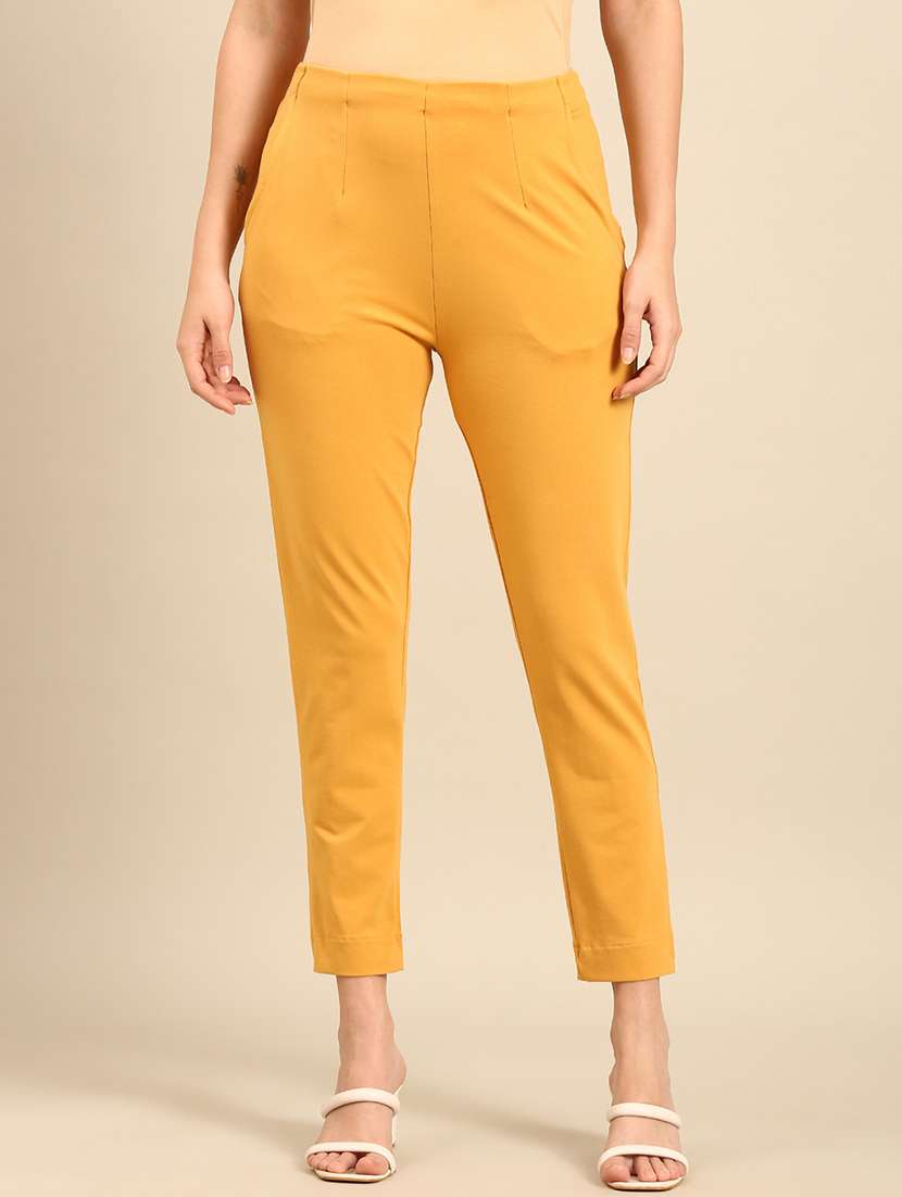 women solid mid rise cigarette pants