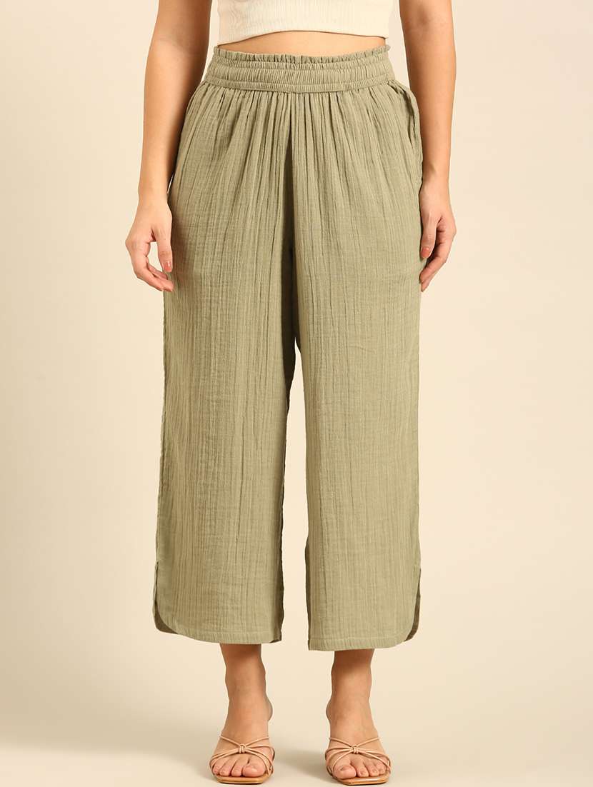 women solid high rise wide leg trouser