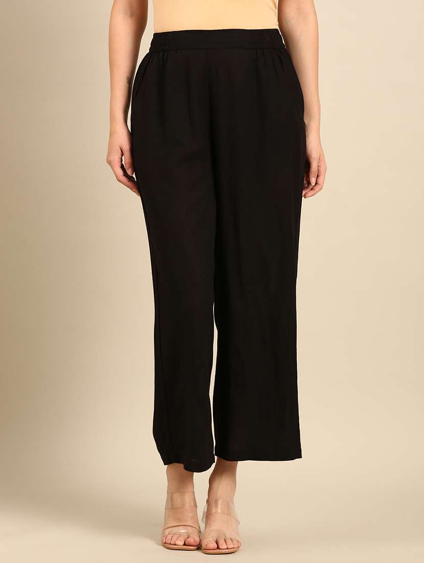 women solid high rise straight trouser