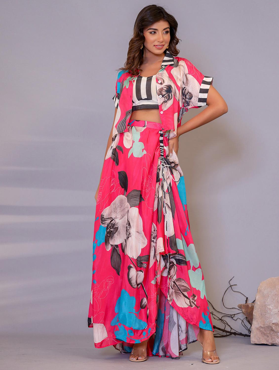 women floral top and skirt co-ords set with shrug - 21742254 - Standard Image - 2