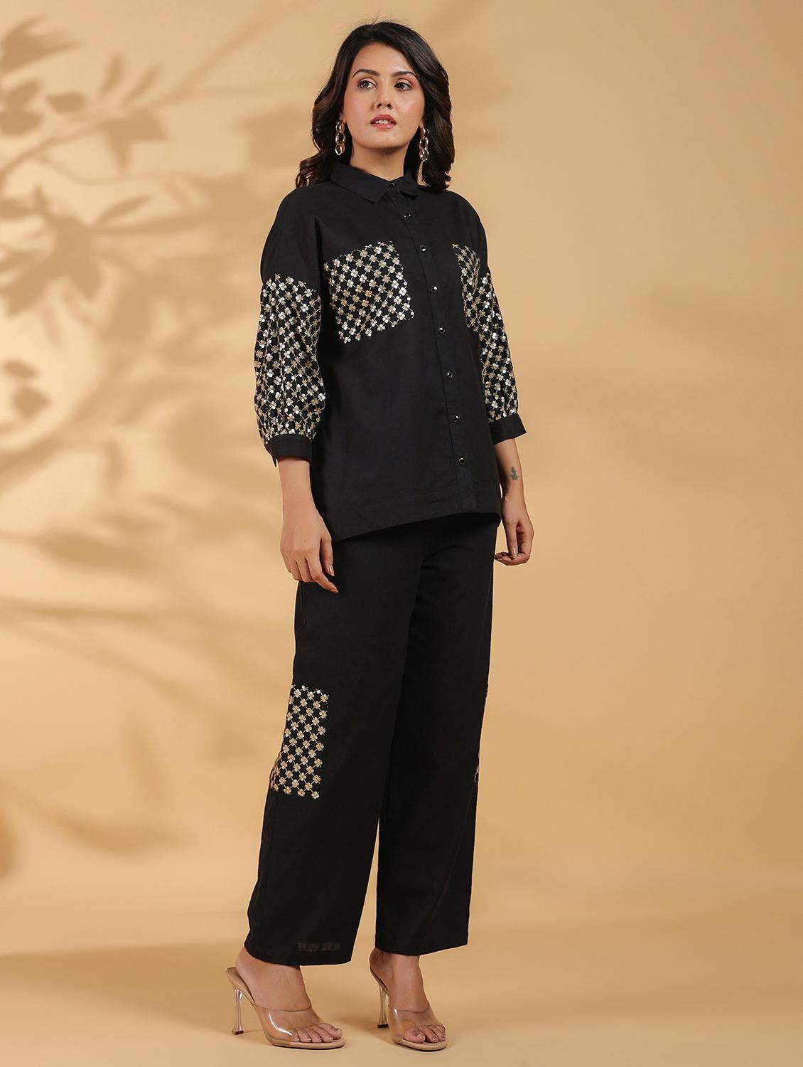 women black sequin work shirt and trouser co-ords set - 21742304 - Standard Image - 2