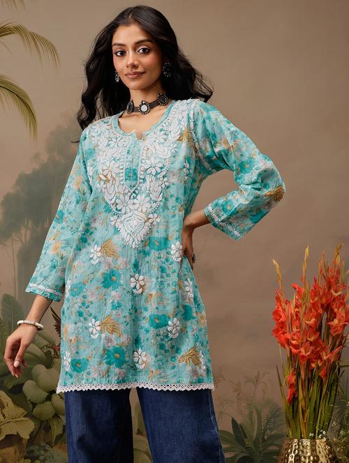 women chikankari work notch neck straight kurti - 21742520 -  Standard Image - 0