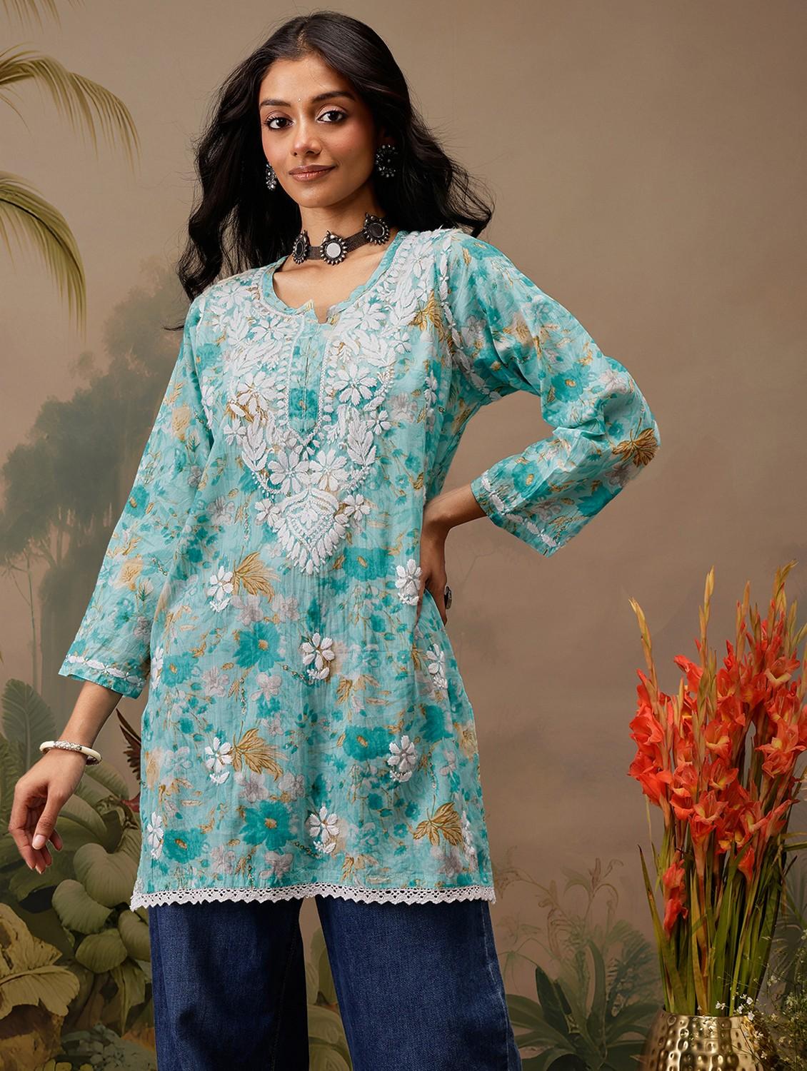 women chikankari work notch neck straight kurti - 21742520 -  Zoom Image - 0