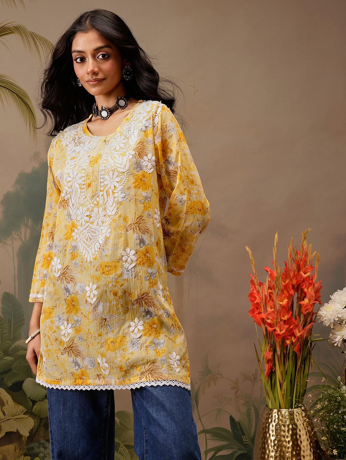 women chikankari work round neck straight kurti