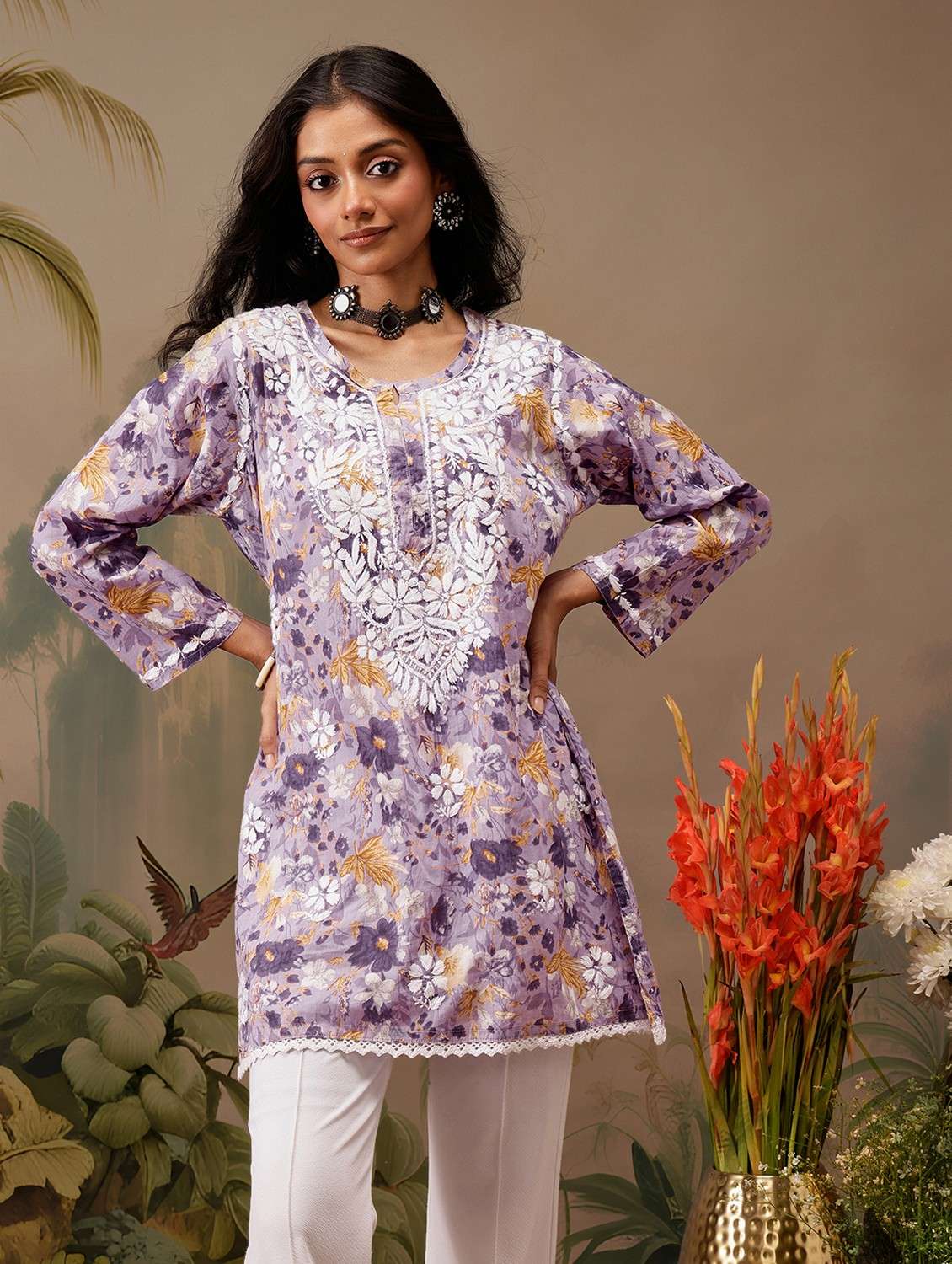 women chikankari work notch neck straight kurti