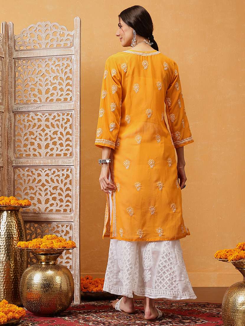 women three quarter sleeve chikankari straight kurta - 21742542 -  Standard Image - 2