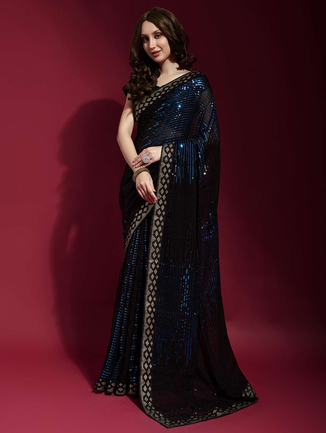 women blue sequin work party wear saree with blouse