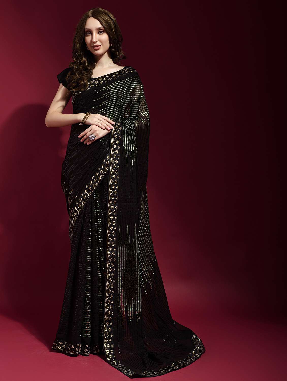 women black sequin work party wear saree with blouse