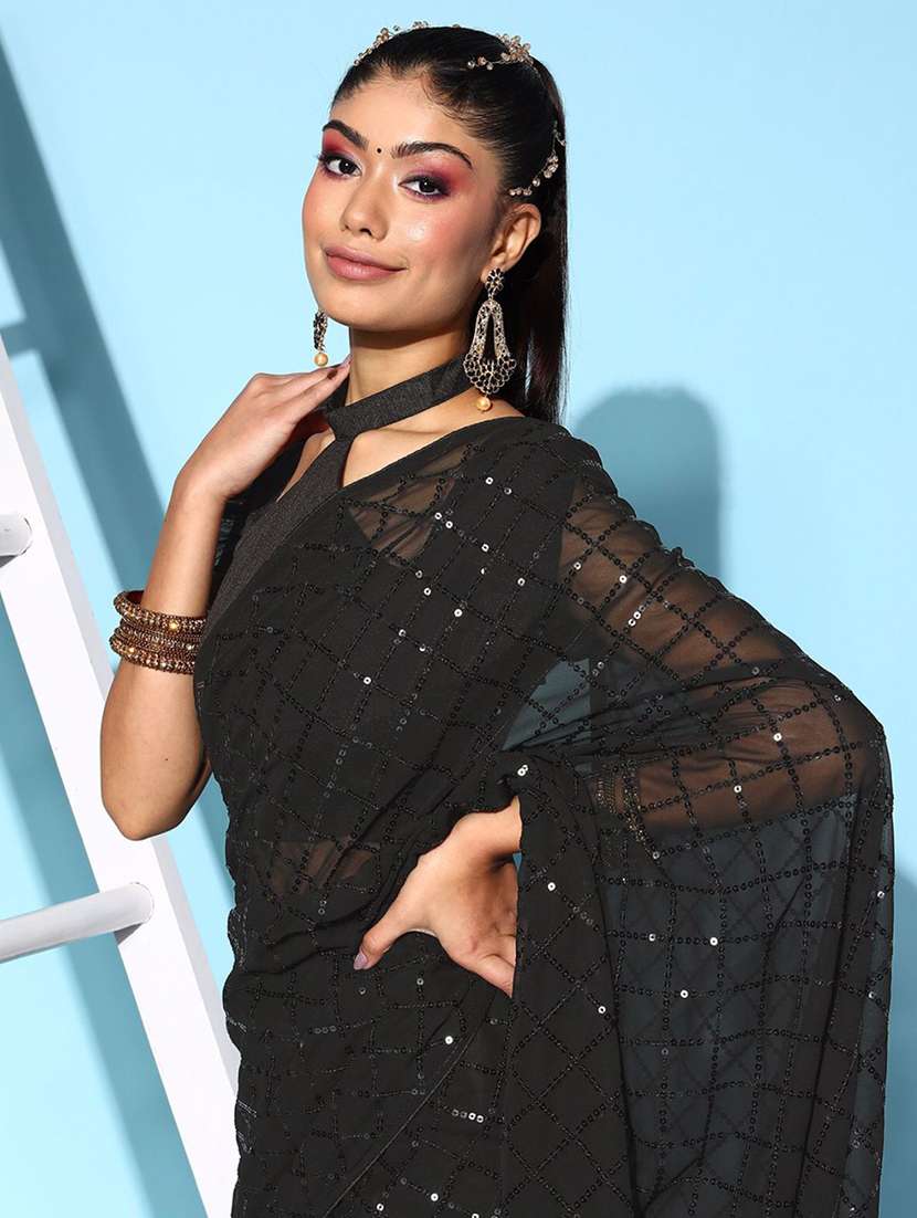 women black sequin work party wear saree with blouse - 21742658 - Standard Image - 2