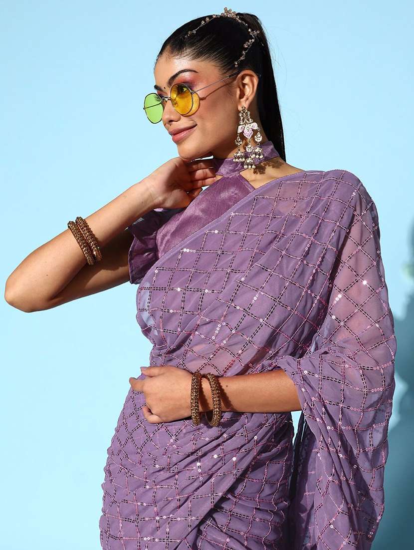 women lavender sequin work party wear saree with blouse - 21742662 -  Standard Image - 2