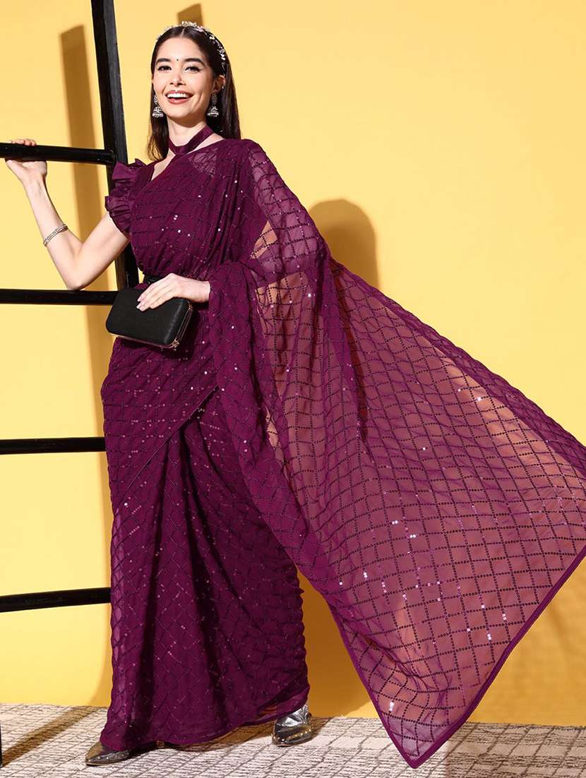 women purple sequin work party wear saree with blouse