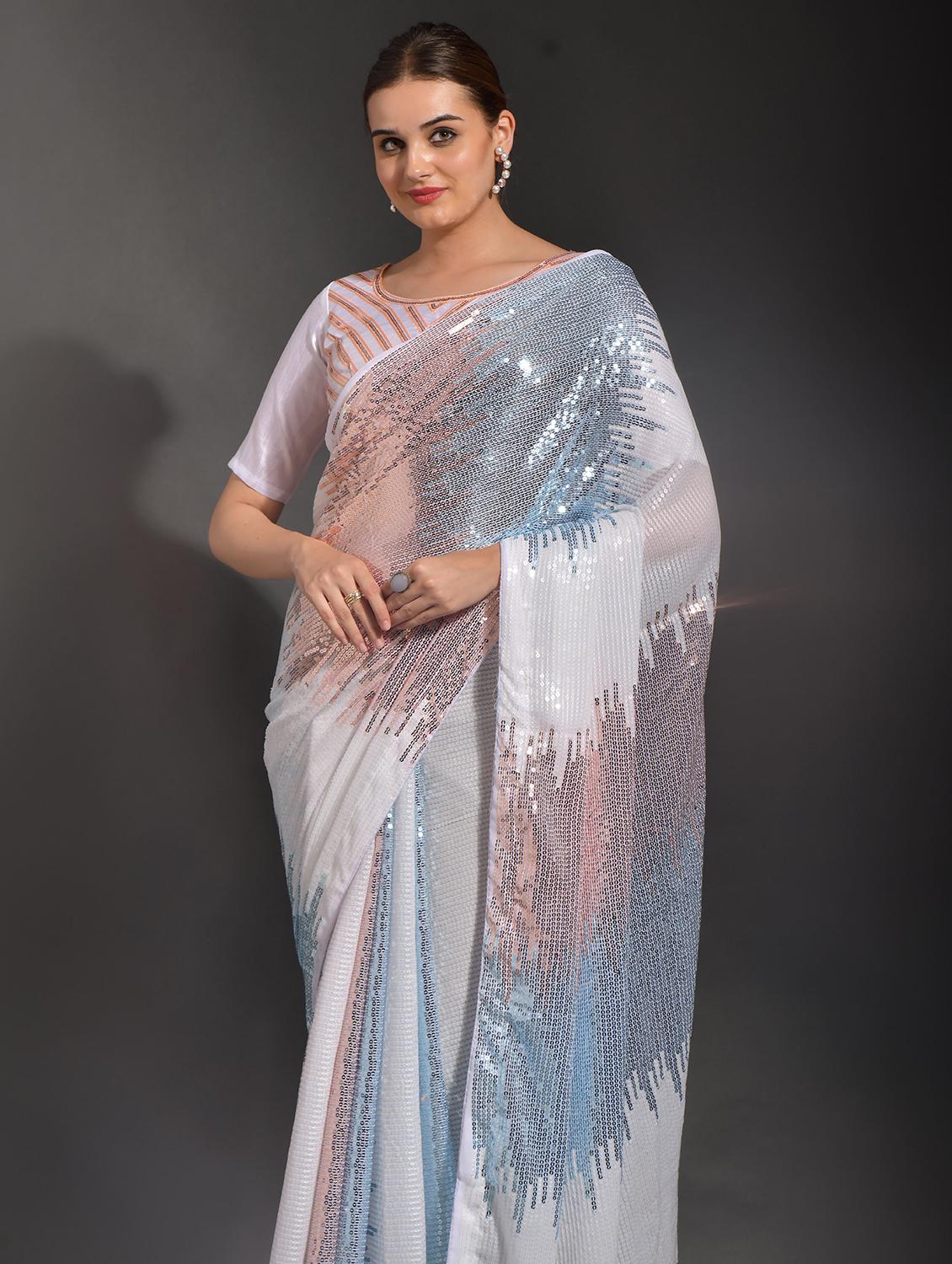 women light blue sequin work party wear saree with blouse - 21742670 - Standard Image - 2