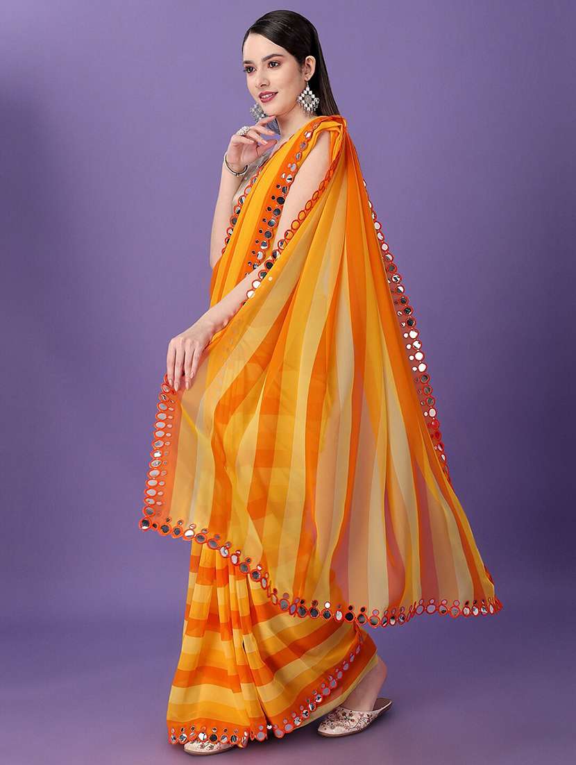 women yellow stripes printed mirror work saree with blouse - 21742671 -  Standard Image - 2