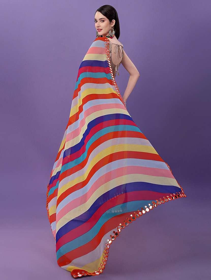 women multi color stripes printed mirror work saree with blouse - 21742672 -  Standard Image - 2