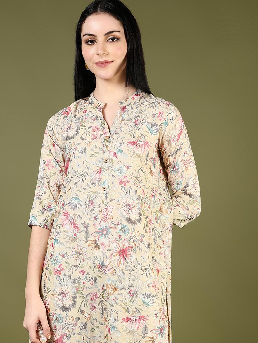 women beige three quarter sleeve straight kurta - 21742765 - Standard Image - 2