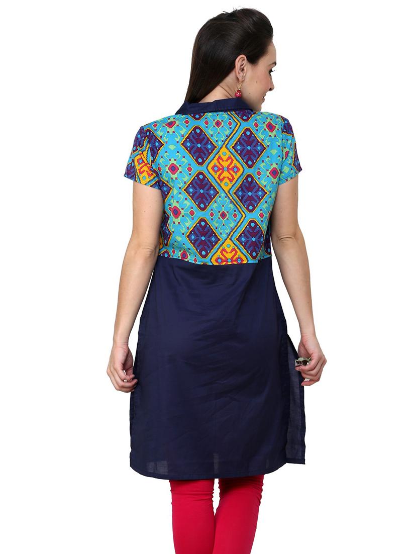 women blue printed v neck a-line kurta - 21742979 - Standard Image - 2