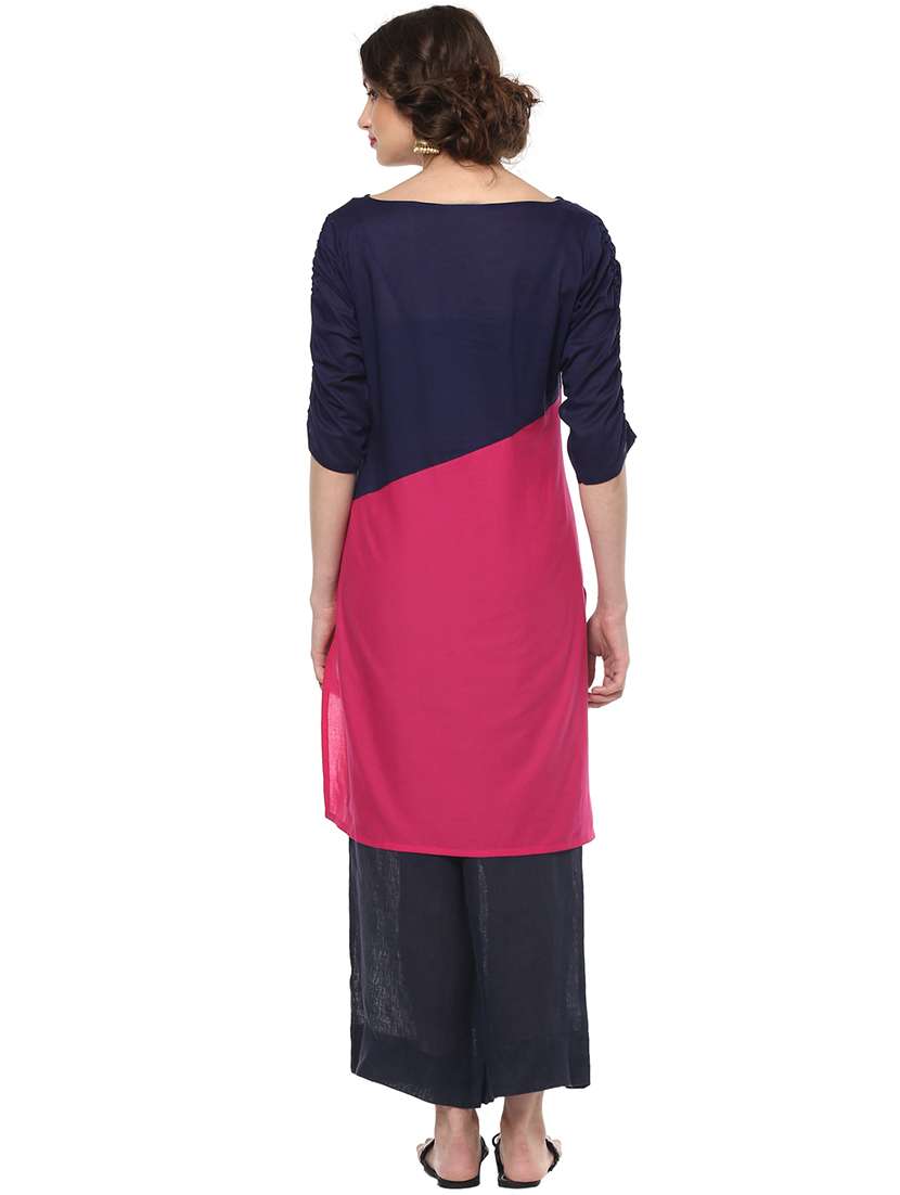 women pink solid round neck straight kurta - 21743077 - Standard Image - 2