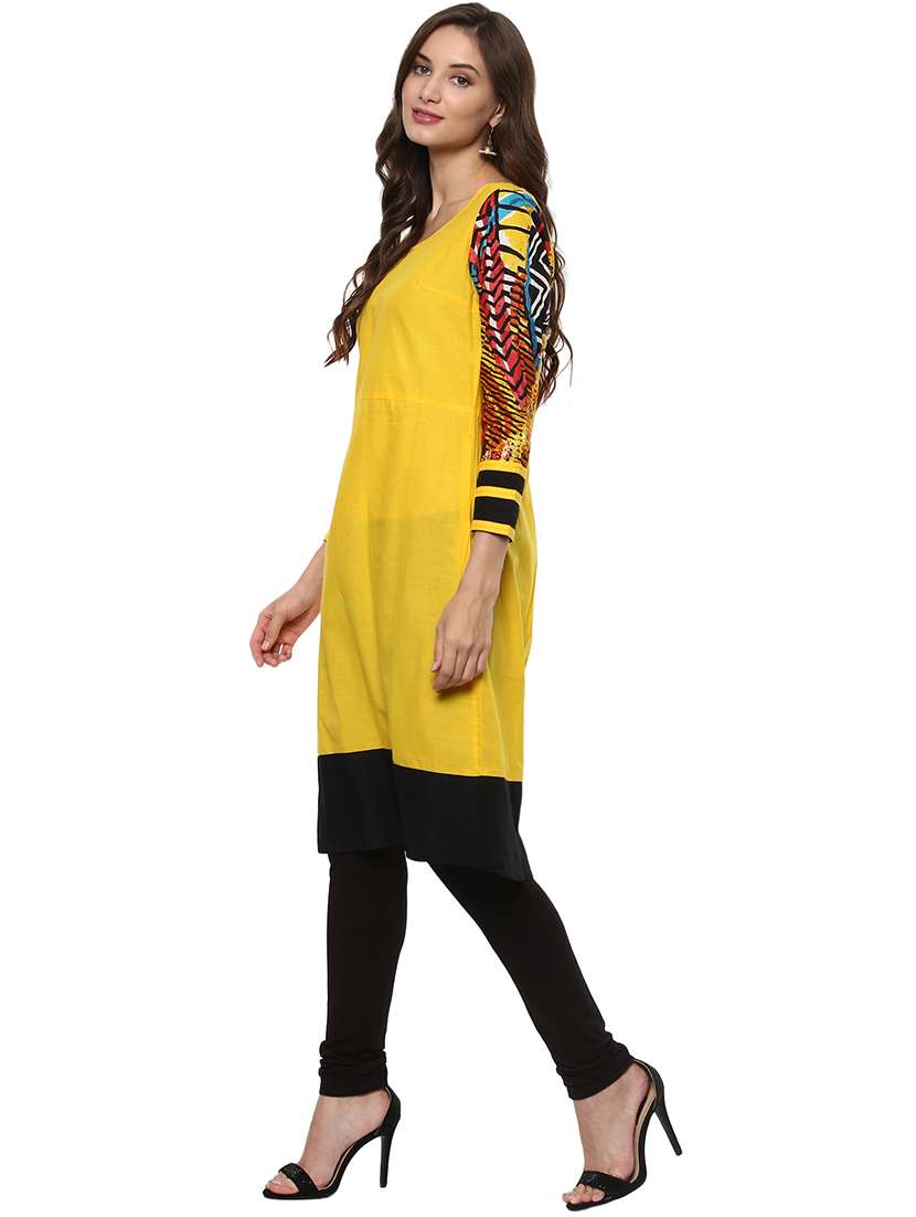 women yellow color block roun neck a-line kurta - 21743079 -  Standard Image - 2